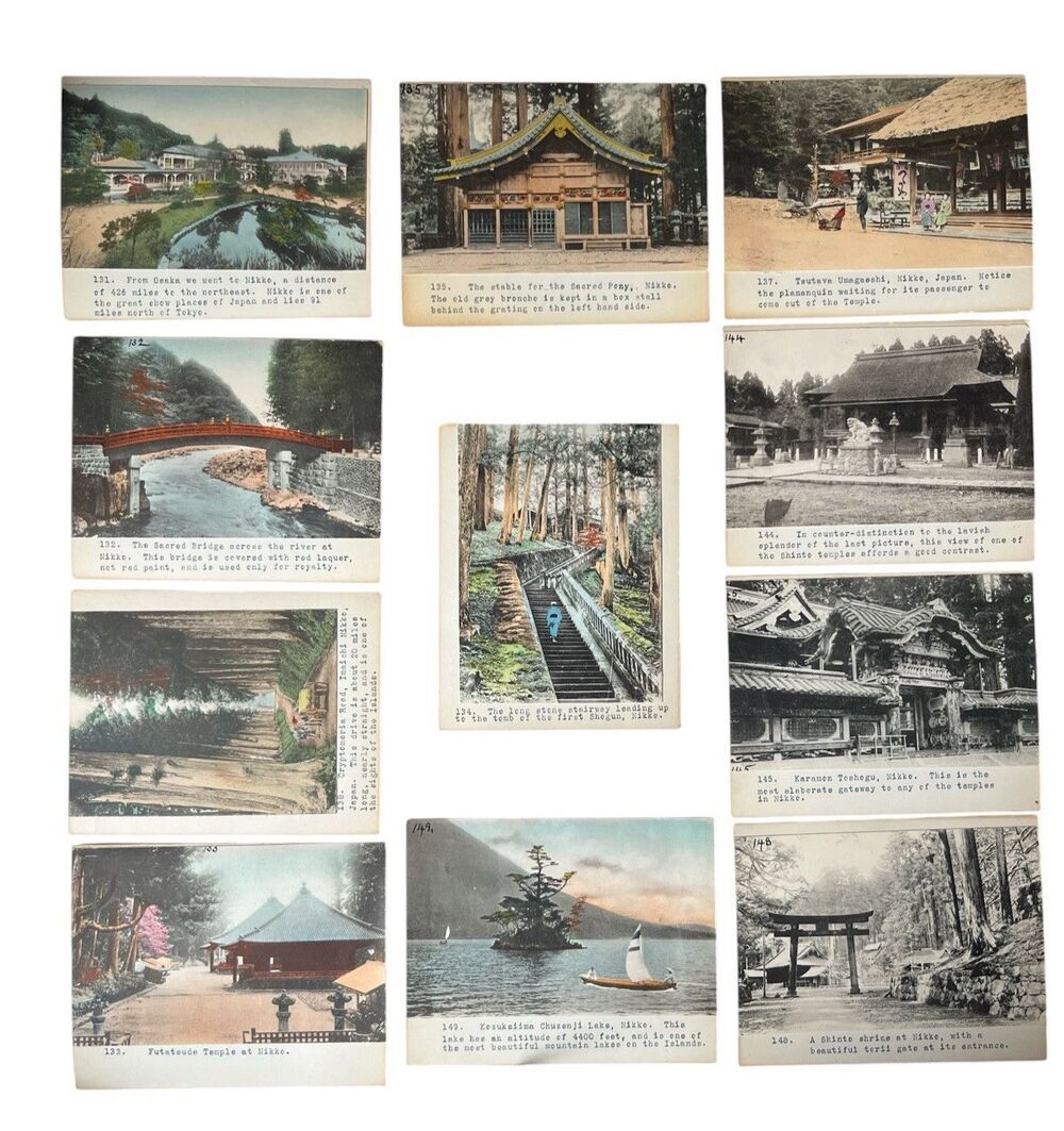 11 Antique Japanese Pictorial Photo Postcards Nikko c1910 Hand-tinted Mounted